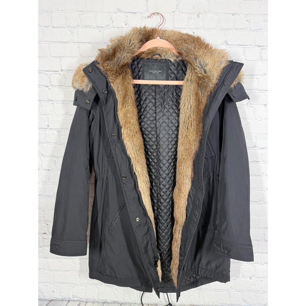 Marc New York Womens Medium Black Down Puffer Parka Coat Faux Fur Hood Long - Picture 7 of 16